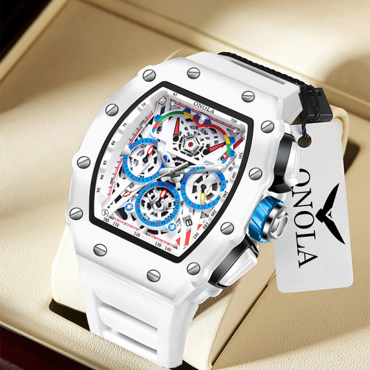 Men's Barrel-Dial Waterproof Luxury Watch with Silicone Band