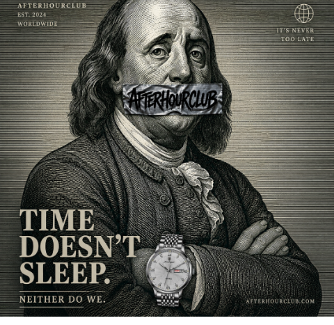Stylized portrait of a historical figure with 'Afterhourclub' logo over mouth, text 'Time doesn't sleep. Neither do we.'